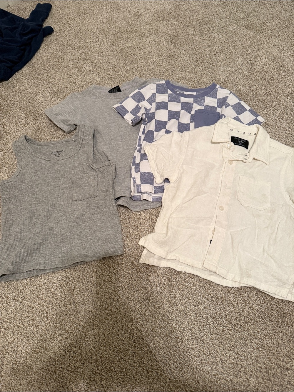 Little Bipsy White Button-Up Shirt with Gray Tank & Blue-White Check Tee